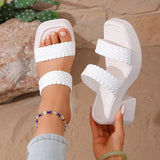 Women High Heels Sandals Fashion Weave Thick Heel Slippers Square Toe Summer Casual Ladies Slides Slip on Beach Sexy Shoes Woman