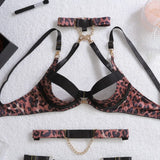 2025 Metal Chain Sexy Wild Leopard Pattern Hollow Cross Heavy Craftsmanship Body Shaping Sexy Underwear Five Piece Set
