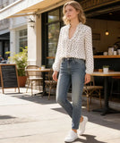 2026 Spring New Women Elegant Loose V Neck Wave Trim Polka Dot Blouse Thin Long Sleeve Top