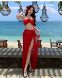 2025 Korean Swimsuit Women Sexy Bikini Red Split Long Skirt Swimsuit Women Halter 3D Flower Push Up Holiday 3 Piece Swimwear