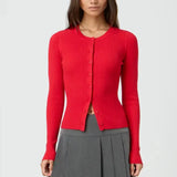 Autumn Winter Sweater Cardigan Women Solid Color Long Sleeve Round Neck Button Up Ribbed Knitwear Slim Coat