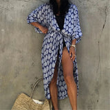 7 Colors Leaves Printed With Belt Half Sleeve Tunic Beach Cover Up Cover-ups Beach Dress Beach Wear Beachwear Female Women V4511