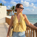 Women Fashionable Solid Color Summer Halter Tops Deep V Neck Sleeveless Backless Bubble Hem Vest