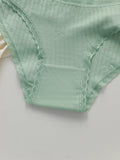 Women Ribbed Cotton Briefs Lace Trim Mid Waist Panties Soft Breathable Rhinestone Star Decor Ladies Daily Basic Underwear W134