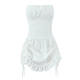 Foridol White Cotton Summer Women's Dress 2025 Off Shoulder Strapless Mini Beach Dress Casual Flower Embroidery Drawstring Dress