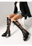 Plus Size Women Black Patent Matte Leather Lace Up Knee High Boots Peep Toe Platform Block Heel Back Zip Gothic Y2K Party Heels