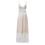 2026 Summer Women's Lace Patchwork Satin Dress Sleeveless Spaghetti Strap V Neck Long Dress Retro Sexy Elegant Dresses