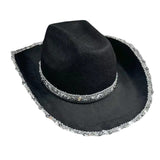 Women Shiny Sequined Wide Brim Cowboy Hat Western Style Sun Cap for Club Party