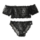Women 2-Piece Transparent Erotic Sexy Lingerie Dot Embroidery Mesh Fancy Outfit Romantic Hot Underwear Set Bra And Panty Sets