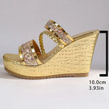 Gold Shiny Sequin Wedges Sandals Women Plus Size 42 Summer Chunky Platform Slippers Woman Crystal High Heel Party Shoes Ladies
