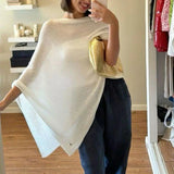 Combhasaki Women Knitwear Bikini Cover-up See-through Solid Off Shoulder Irregular Triangle Hem Loose Pullover Summer Beach Tops