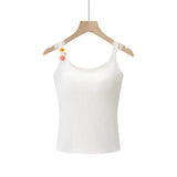 Fashion Solid Color Thin Strap Floral Chest Pad Women White Ribbed Top With Sleeveless Slim Fit Casual Summer Top Charming 3N4J
