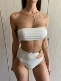 Metal Chain Ribbed Female Bandeau Swimsuit High Waist Bikini Women Swimwear Two-pieces Bikini set Asymmetric Bathing Suit Swim