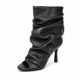 Black Soft Leather Peep Toe Pleated Mid-calf Boots Fashion Women 5 CM Thin Heels Solid Booties High Heel Boots Shoes Lady