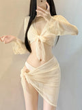 New Korean Push Up Bikinis Sets Solid Beige Long Sleeve Cover Up Mesh Skirt 4 Piece Swimsuit Beach Holiday Bathing Suit Swimwear