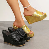 Women's Gold Wedges Sandals Summer 2026 Fashion Peep Toe Thick Platform Sandles Women Plus Size 42 Chunky Heels Slippers Woman