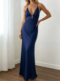 Summer Women's Satin Long Dress Spaghetti Strap Sleeveless V Neck Cutout Slim Fit Elegant Dress for Party Evening Solid Color