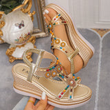 National Wind Beaded Wedge Heels Sandals Women Chunky Platform Slip On Gladiator Sandals Woman Plus Size 43 High Heel Sandalias