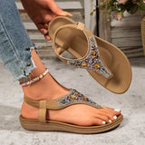 Fashion Rhinestone Bohemian Sandals Women 2025 Summer Clip Toe Flats Beach Sandles Woman Non Slip Elastic Band Sandalias Mujer