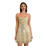 Women Sexy Solid Color Shiny Sequins Mini Dress Summer Sleeveless Backless A-Line Dress for Party Cocktail Beach