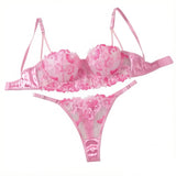 Pink 3D Floral Embroidery Lace Lingerie Set Underwire Bra With Matching Thong Women Sexy Intimates ZA825121
