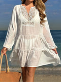 2025 Long Sleeve Hollow Out Crochet Knitted Tunic Beach Cover Up Cover-ups Beach Dress Beach Wear Beachwear Female Women K6674