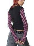 Early Autumn Punk Style Slim Fit T-shirt Women Long Sleeve Crew Neck Star Stripes Patchwork Ladies Tops for Casual Daily