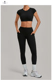 Yoga Set Women's Tracksuit Short Sleeve Back Hollow Out Sports Top Athletic Wear Tight High Waist Pocket Leggings Fitness Suits