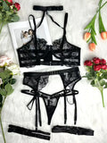 French sexy halterneck embroidered mesh see-through patchwork sexy underwear panties garter set