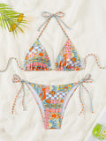 Blue Floral Print 2 Piece Micro Bikini Set for Women 2025 New Push Up Bra Thong Swimsuit Beach Bathing Suit Holiday Swimwear