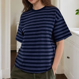 Striped Print Summer T-shirt for Women Loose Casual Contrast Short Sleeve Round Neck Basic Tops