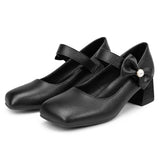 Plus Size 52 SkyBlue Mary Jane Heels Shoes Women Bow Pearl Decor Ankle Strap Square Toe 5cm Chunky Block Mid Heel Sweet Pumps