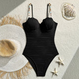 Shell Underwired Wrinkled Beads One Piece Swimsuit Women Swimwear Female High Leg Cut Monokini Bather Bathing Suit Swim Bodysuit