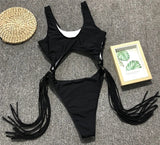 Tummy Cut Out Splicing Fringe Tassel Women Swimwear One Piece Swimsuit Female Monokini High Leg Cut Bathing Suit Swim Beach Wear