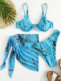 Marble Print V-Bar Underwired Bikini Women Swimsuit Female Swimwear Three-pieces Bikini Set Push Up Bathing Suit Beach Sarong