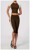Color Blocking 2PCS Yoga Set Women's Tracksuit Short Sleeve O Neck Sports T Shirts High Waist Cropped Pants Tight Fitness Suits