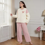 Women's 2 Pieces Valentine's Day Lounge Set Long Sleeve O Neck Heart Embroidery Jacquard Tops Pants Winter Fuzzy Sleepwear