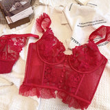 Women's French Lace Lingerie Set Sexy Ultra Thin See Through Bra & Thong Shaping Camisole Embroidery Underwear Set Hot Tushy P P