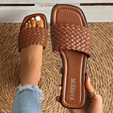 Classic Plus Size Woven Slippers for Women Summer Square Toe Low Heel Slides Sandals Woman Outdoor Pu Leather Beach Flip Flops