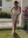 S - XL V Neck Slit Long Dress Sexy Mesh Backless Knitted Crochet Tunic Beach Cover Up Cover-ups Beach Dress Beachwear V3767B
