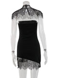 Ahagaga Sexy Women's Mini Dresses Solid Patchwork Lace Slash Sleeveless Sheath Bodycon Sheer Regular Casual Streetwear Vestidos