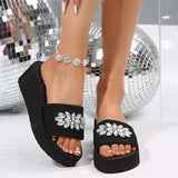Rhinestone Decor Platform Slippers Women Summer Elastic Band Wedge Heels Sandals Woman Non Slip Lightweight Outdoor Slides 36-42
