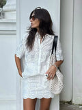 Foridol Summer Casual White Lace Dress Set for Women Hollow Out Embroidery Skirt Outfits 2 Pcs Loose Beach New Suit Skirt Set