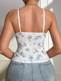 Women Ribbed Floral Cami Top Sleeveless Spaghetti Strap Tank Top Summer Slim Fit Comfy Casual Lace neckline Camisole