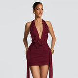 FDYOUI Elegant Halter Neck Water Drop Decoration Party Club Dress for Women 2026 Backless Bandage Folds Short Evening Dresses