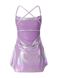 Women Sleeveless Backless Party Club Dress Solid Color Shiny Spaghetti Strap Mini Dress for Cocktail Nightclub Beach