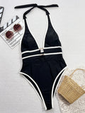 Beach Holiday Look Women's One-Piece Swimsuit Sexy Deep V Neck Backless Swimwear Bodysuit Pearl Decor Bathing Suits Beachwear
