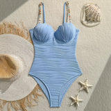 Shell Underwired Wrinkled Beads One Piece Swimsuit Women Swimwear Female High Leg Cut Monokini Bather Bathing Suit Swim Bodysuit