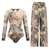 Colorful Printed Women One Piece Swimsuit Fashion Lady Long Sleeve Swimwear Retro Mujer Bodysuit with Pants Set Female Beachwear