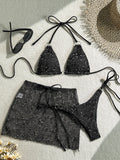 With Fishnet Sarong Skirt Halter Micro Bikini Women Swimwear Female Swimsuit Three-pieces Bikini Set Bathing Suit Swim Beachwear